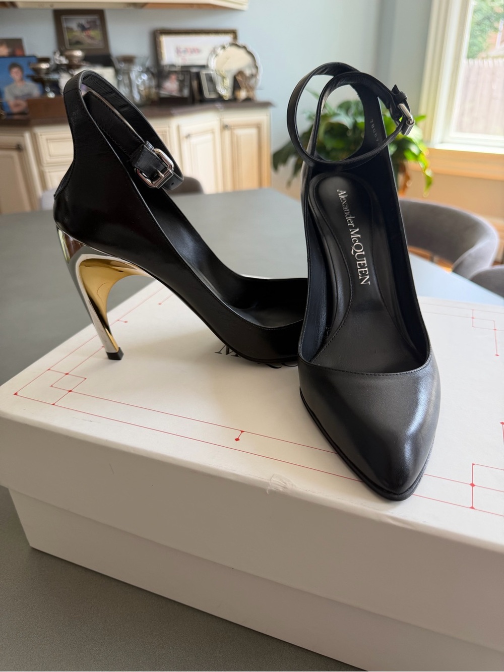 Alexander McQueen Black Armadillo Ankle-Strap Pumps with Gold & Silver Accent